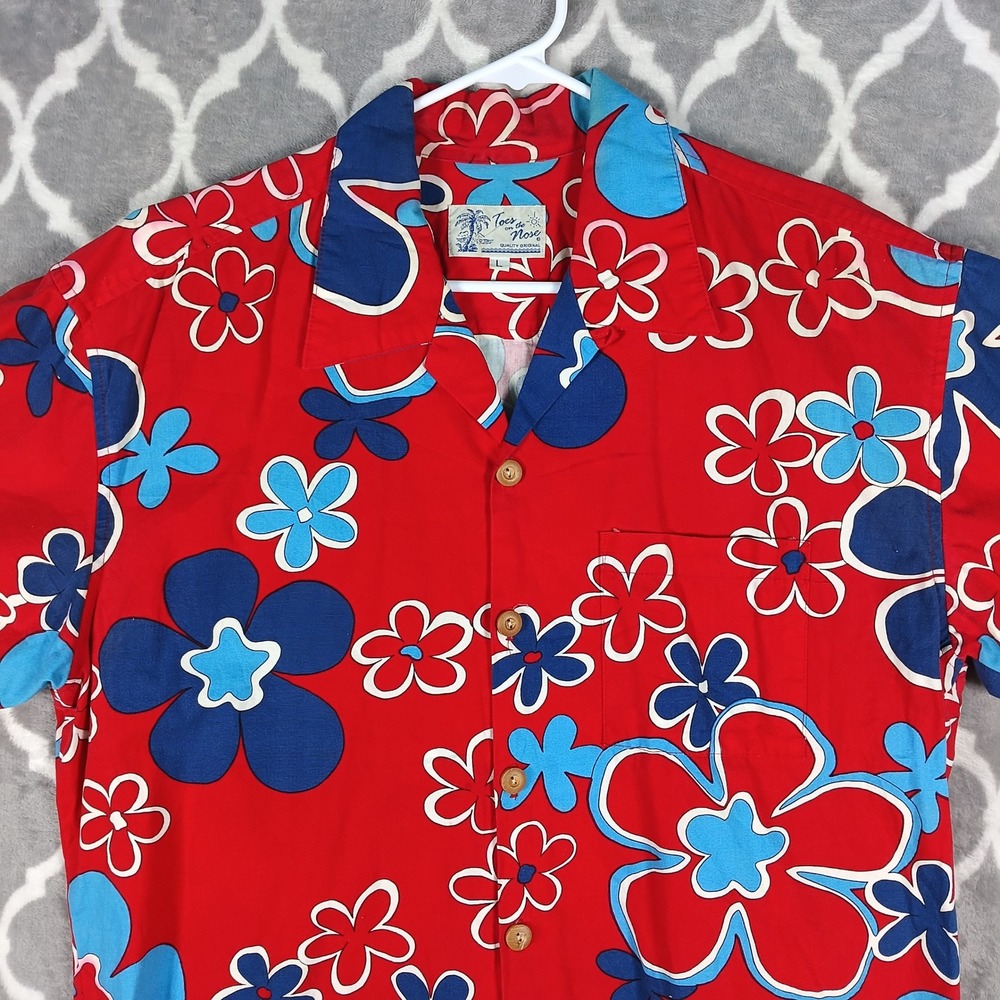 VTG Toes on the Nose Hawaiian Shirt Mens L Red Blue Floral Hibiscus Barkcloth